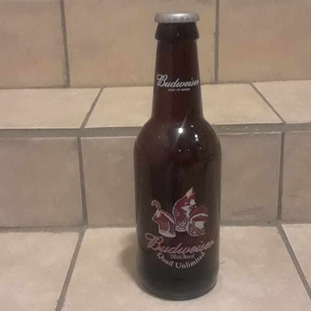 Glass Budweiser Bottle; Quail Unlimited